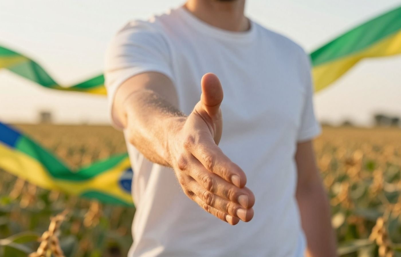 Homem em uma plantação de soja estendendo a mão em sinal de acolhimento